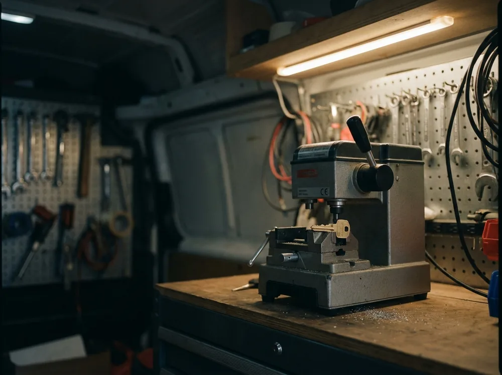 A key cutting machine with a key blank clamped in it, inside a work van