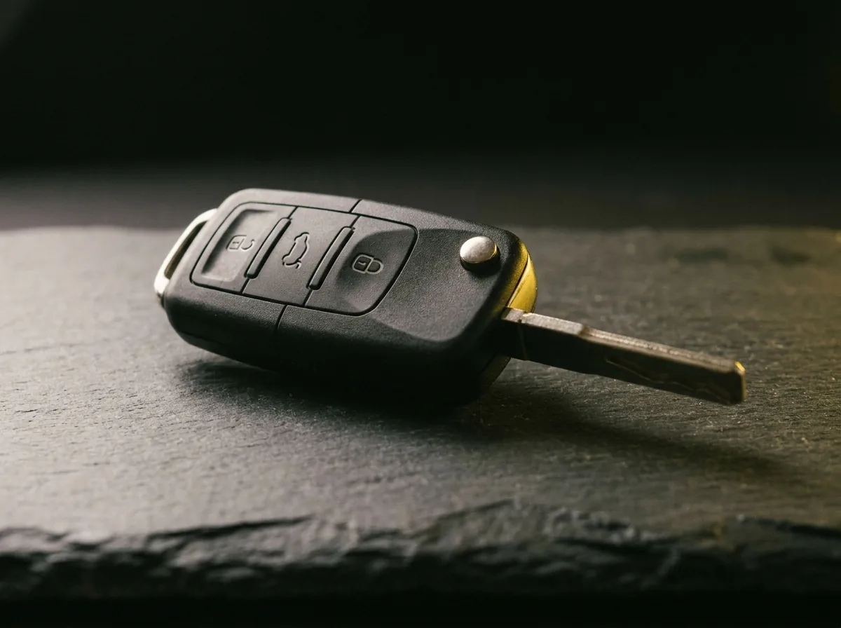 A black car remote key with a flip blade on dark slate