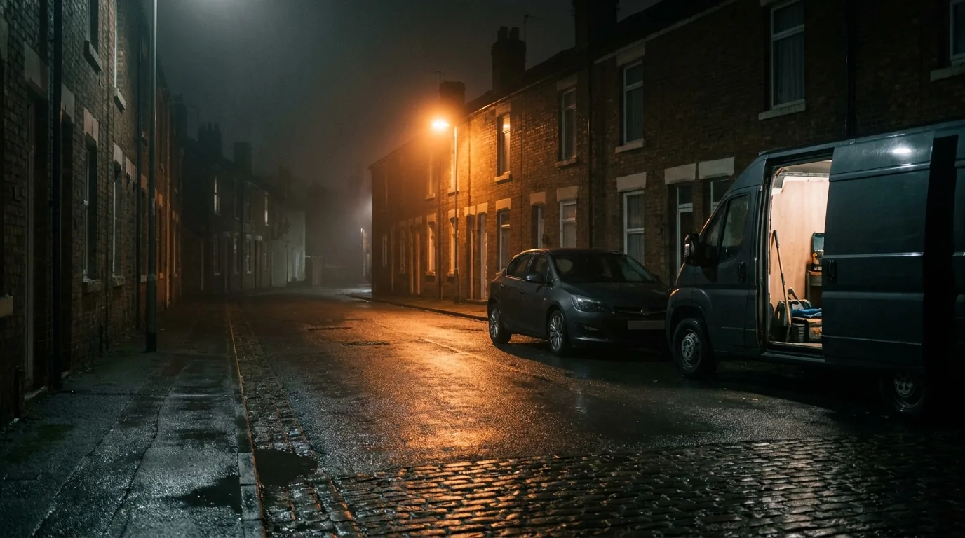 A dark hatchback on a wet street at night with a work van and its light on behind it